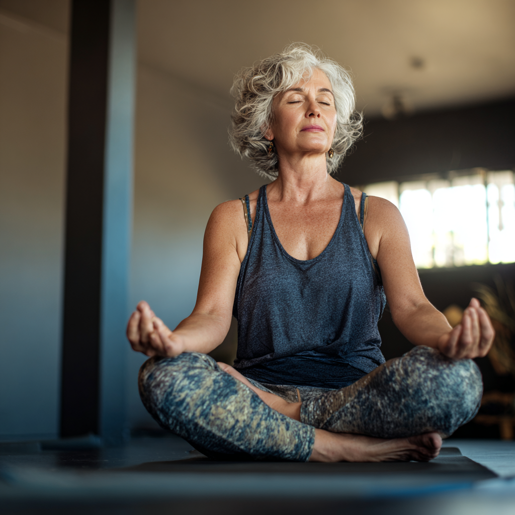 mature woman practicing gentle yoga poses in peaceful studio setting